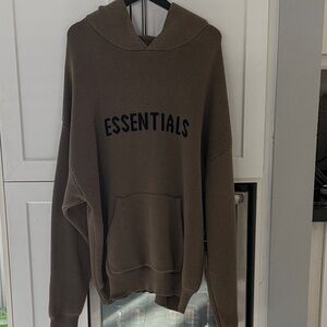 Essentials Olive-Brown Knit Hoodie with Front Logo